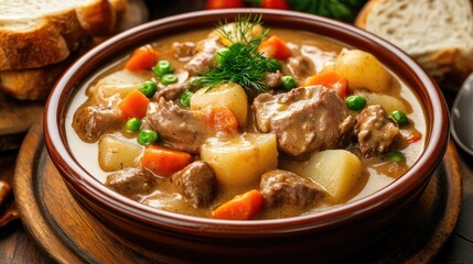 A hearty stew features herring, potatoes, and vegetables in a creamy cheese sauce, garnished with dill, accompanied by fresh bread on a rustic table