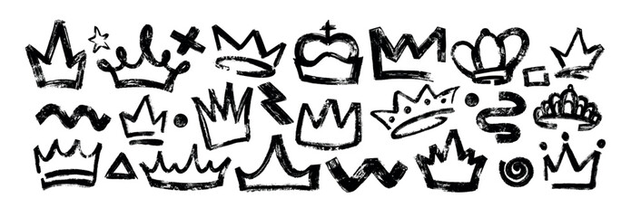 Vector hand drawn king crown set isolated on white background. Black brush stroke prince diadems. Grunge princess tiara, royal queen head accessories, spiral, wavy lines and cross in graffiti style.