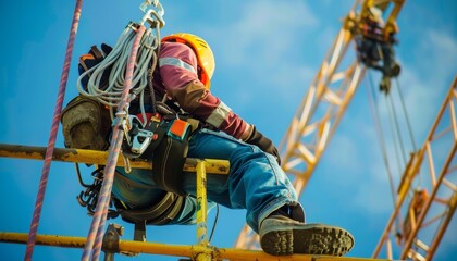 Construction worker in safety gear, including harness and safety line, performing tasks at height