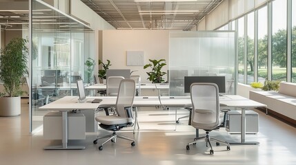 Modern office space with desks, chairs, and plants, designed for productivity and collaboration.