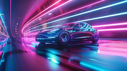 Futuristic Electric Car Speeding Through Neon Tunnel