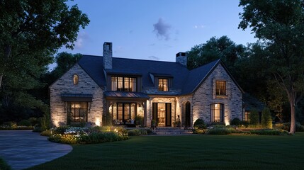 Obraz premium Exterior of the house is very grand and elegant with warm yellow lights at night