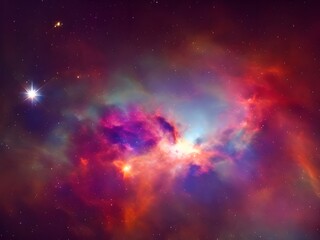 Vibrant Cosmic Nebula with Colorful Light Beams and Starry Background in Deep Space
