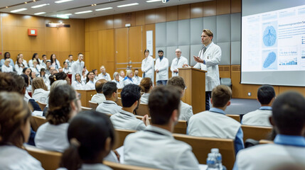 A large, modern conference room filled with healthcare professionals attending a seminar. The focus is on a presenter explaining a complex medical topic.