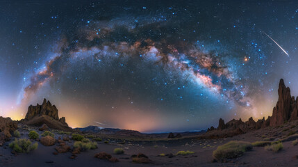 In the tranquil night, the Milky Way spans the sky, the majestic mountain range stands out clearly in the starlight, a meteor streaks across the night sky, disappearing on the horizon, a serene, myste