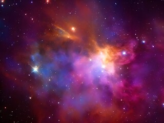 Vibrant Cosmic Nebula with Colorful Light Beams and Starry Background in Deep Space
