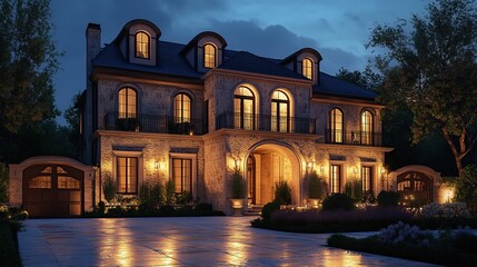 Luxurious and magnificent house exterior at night with warm lighting