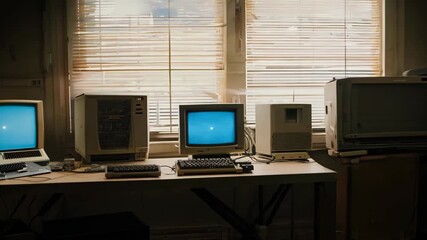 Old computers and retro technology setup in a dimly lit room during the evening