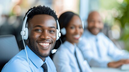 Friendly customer service representative in a modern office, showcasing teamwork and effective communication skills.