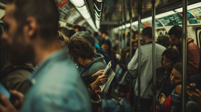 People boarding a crowded subway train in a busy city, with commuters reading newspapers, checking phones, and standing packed together