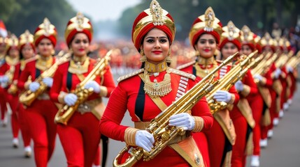 A group of women in red uniforms marching down a street, AI