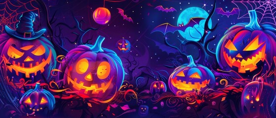 Colorful Halloween-themed illustration featuring glowing pumpkins with spooky faces, bats, and spider webs. The vibrant neon colors create a festive and eerie atmosphere, perfect for Halloween