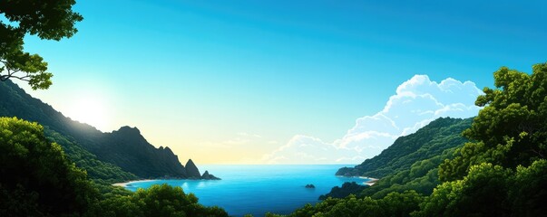 A serene coastal landscape with lush greenery, mountains, and a tranquil sea under a bright sky, perfect for relaxation or inspiration.