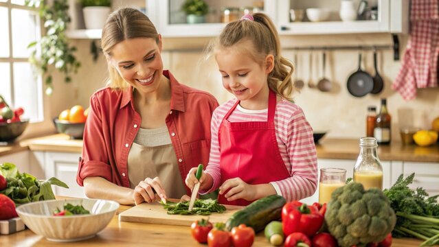 Happy mother and daughter preparing healthy food at home