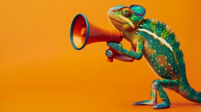 Creative announcement concept. A vibrant chameleon appears to be shouting into a megaphone against a solid orange background, showcasing a playful mix of wildlife