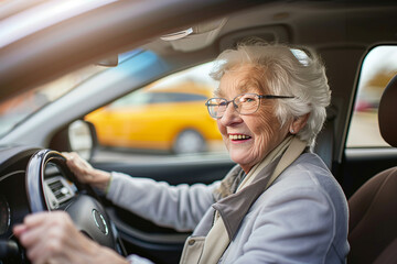 Happy Senior Woman Driving Her Car and Enjoying the Ride