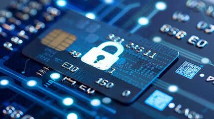 A close-up of a credit card being used online, with a lock icon and encryption symbols surrounding the card. The background includes a digital code matrix and a secure payment confirmation screen.