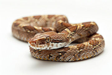 Obraz premium A close-up view of a coiled snake, showcasing its intricate patterns and scales on a neutral background, perfect for wildlife studies.