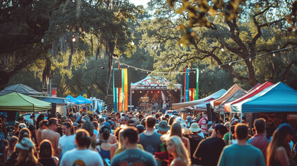 A vibrant crowd enjoying a live concert at an outdoor music festival, with colorful tents, food trucks, and a stage in the background.