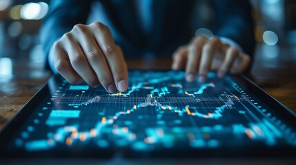 Naklejka premium Businessman hands analyzing financial stock market charts on a digital tablet in a dark office.