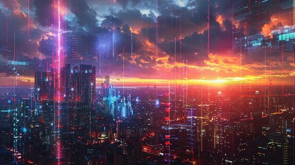 Futuristic Cityscape at Sunset with Neon Lights