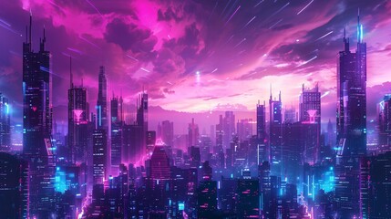 Obraz premium Futuristic Cityscape with Neon Lights and Pink Sky