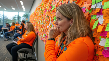 Obraz premium A woman in orange shirt sitting next to a wall covered with post-it notes, AI