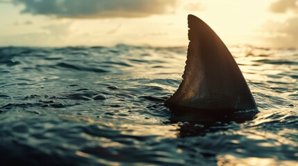 Shark fin, indicative of a shark swimming in the ocean, with the background showing the ocean and the sky during sunset