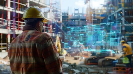 Fototapeta premium Construction worker wearing a hard hat, looking at a construction site with augmented reality overlays