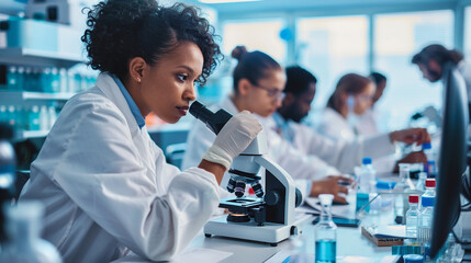 A group of diverse scientists in a high-tech laboratory conducting research on new medications. The focus is on a female scientist examining a sample under a microscope.