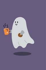 Ghost with tea cup and cookie. Cut spirit with hot drink. Halloween illustration.