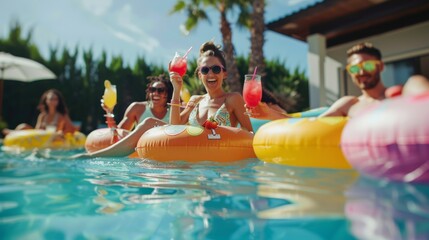 Obraz premium Friends enjoying a tropical pool party with inflatable floaties and refreshing drinks