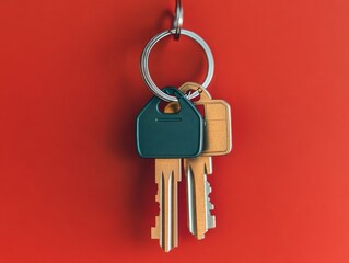 Two keys with keychains hanging on a hook against a red background.