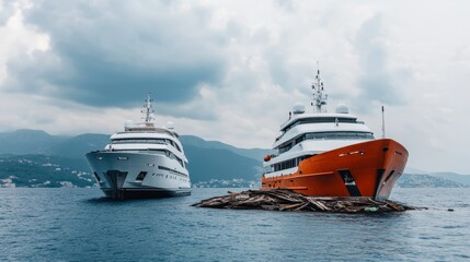 Fototapeta premium Two luxurious ships anchored in a serene harbor, surrounded by stunning mountains under a cloudy sky.