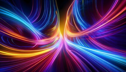 colorful glowing light trails forming abstract swirls, vibrant digital art with neon blue, red, and yellow energy lines