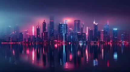 Fototapeta premium Futuristic Cityscape with Neon Lights Reflecting in Water