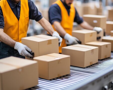 Two warehouse workers in yellow vests scan packages on a conveyor belt.