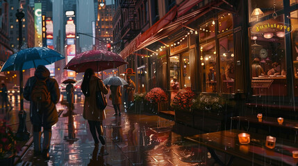 Obraz premium A scene of people walking with umbrellas in the rain, with wet streets reflecting city lights, and a cozy cafe in the background.