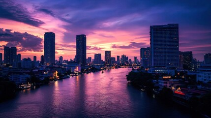 Fototapeta premium Captivating urban landscape at sunset with skyscrapers silhouetted against a vibrant sky. The river reflects the sunset colors