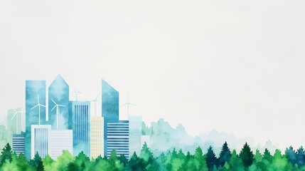 Watercolor painting of a city skyline emerging from a lush green forest.