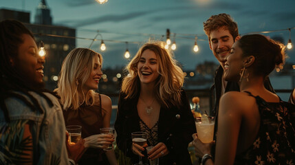 A trendy group of young adults enjoying a rooftop party in the city, with string lights, cocktails, and a skyline view.