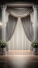 Warm light gently illuminates a dark circular room, highlighting the intricate details of Greek-style columns and casting soft shadows across the floor