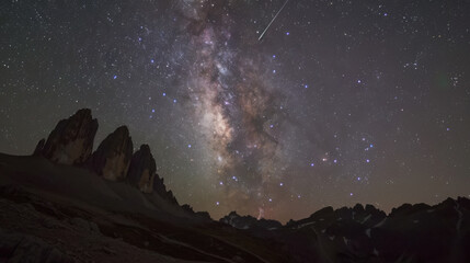 Fototapeta premium In the tranquil night, the Milky Way spans the sky, the majestic mountain range stands out clearly in the starlight, a meteor streaks across the night sky, disappearing on the horizon, a serene, myste