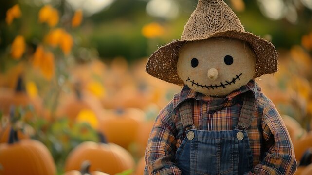 Fall Scarecrow-A traditional scarecrow dressed in plaid and denim set against a backdrop of a pumpkin patch, Thanks giving day