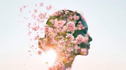 Double exposure profile of a person blending with blooming flowers, capturing the beauty of nature and human elegance, high-definition, vibrant colors, intricate details, ethereal and enchanting