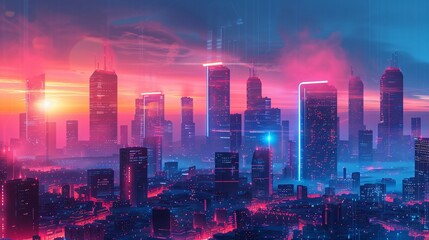 Fototapeta premium Futuristic Cityscape at Sunset with Neon Lights