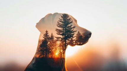 Double exposure of a dog blending with natural landscapes, capturing the loyalty and beauty of canine companionship, high-definition, vibrant colors, intricate details, dynamic and captivating