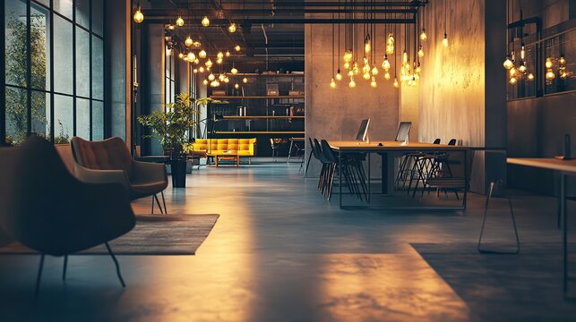 Modern open-plan office with warm pendant lighting. Workspace with computer on desk