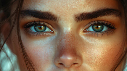 Fototapeta premium Intense Close-Up of Woman’s Captivating Blue-Green Eyes with Natural Freckles and Sun-Kissed Skin