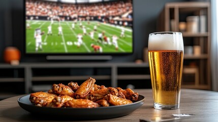 A delicious plate of chicken wings paired with a cold beer sits on a table as an exciting football game plays on a big-screen TV in the background
